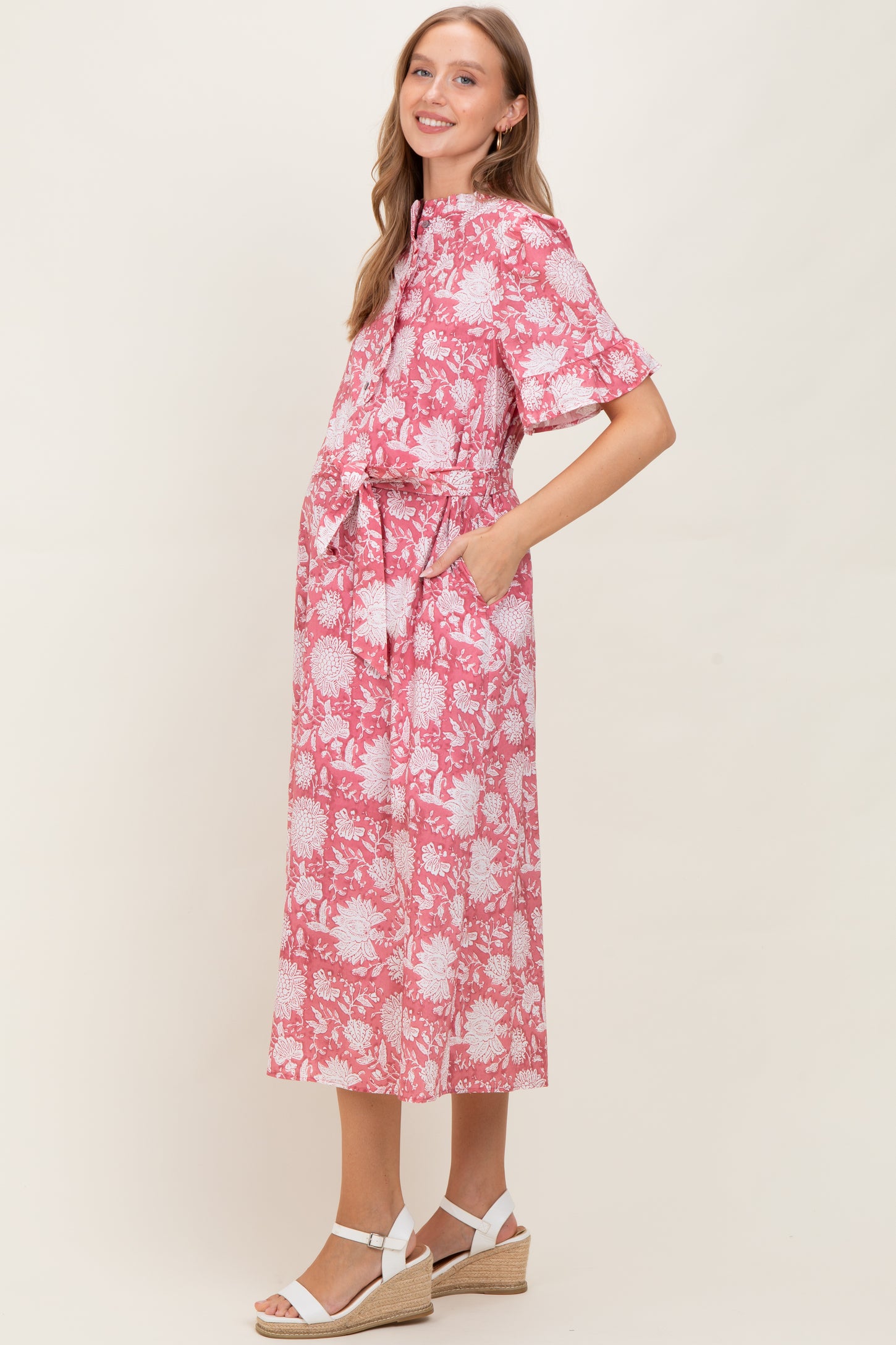 Pink Floral Ruffle Button Up Neckline Maternity Midi Dress