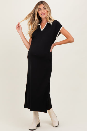 Black Collared Stitch Detail Short Sleeve Maternity Midi Dress