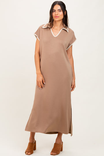 Mocha Collared Stitch Detail Short Sleeve Midi Dress