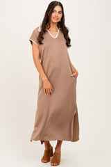 Mocha Collared Stitch Detail Short Sleeve Maternity Midi Dress