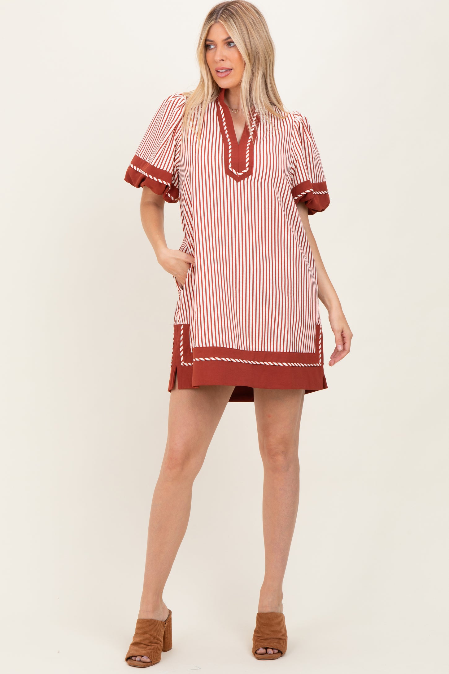 Rust Striped Contrast Border Mini Dress