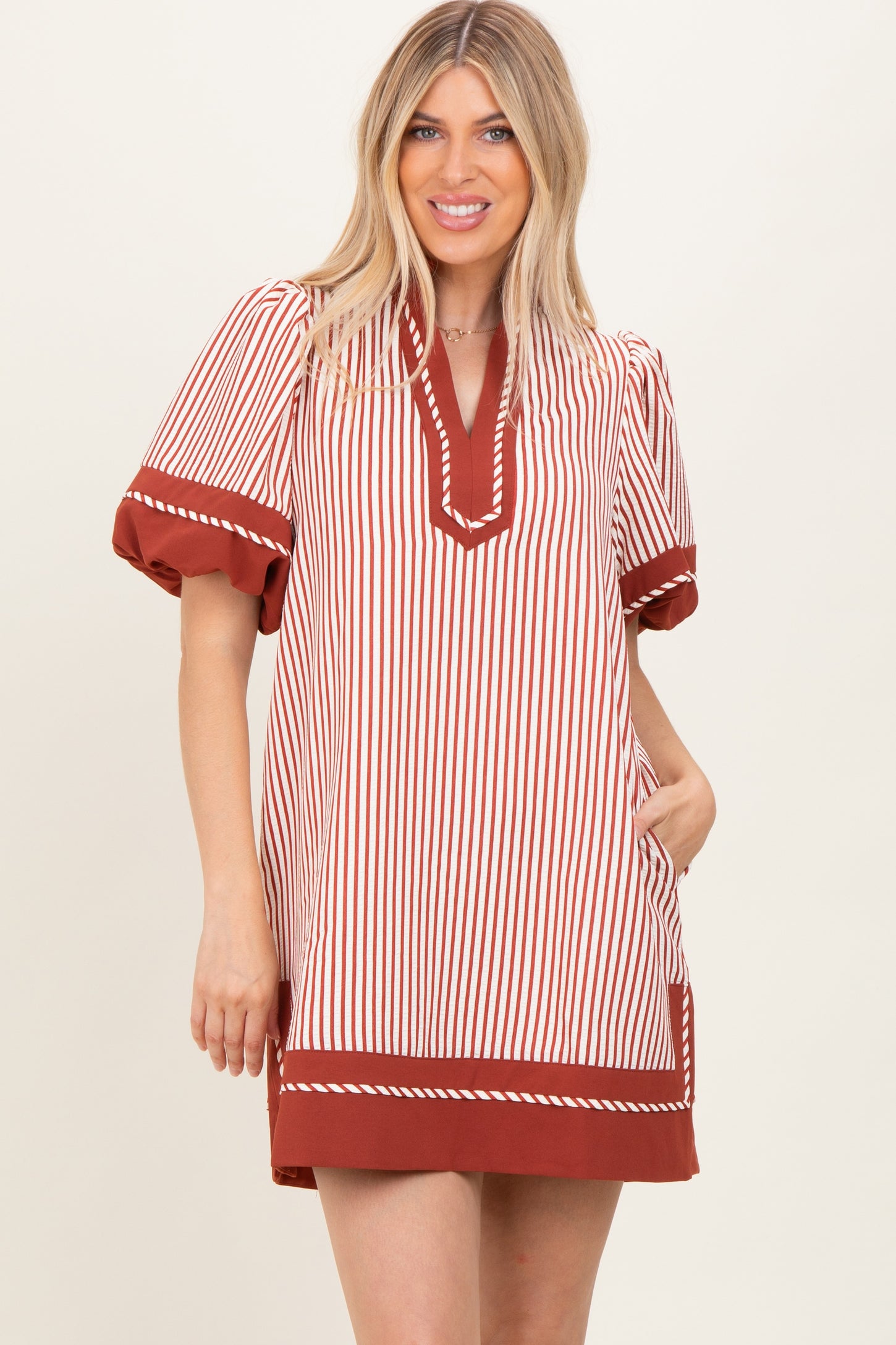 Rust Striped Contrast Border Mini Dress