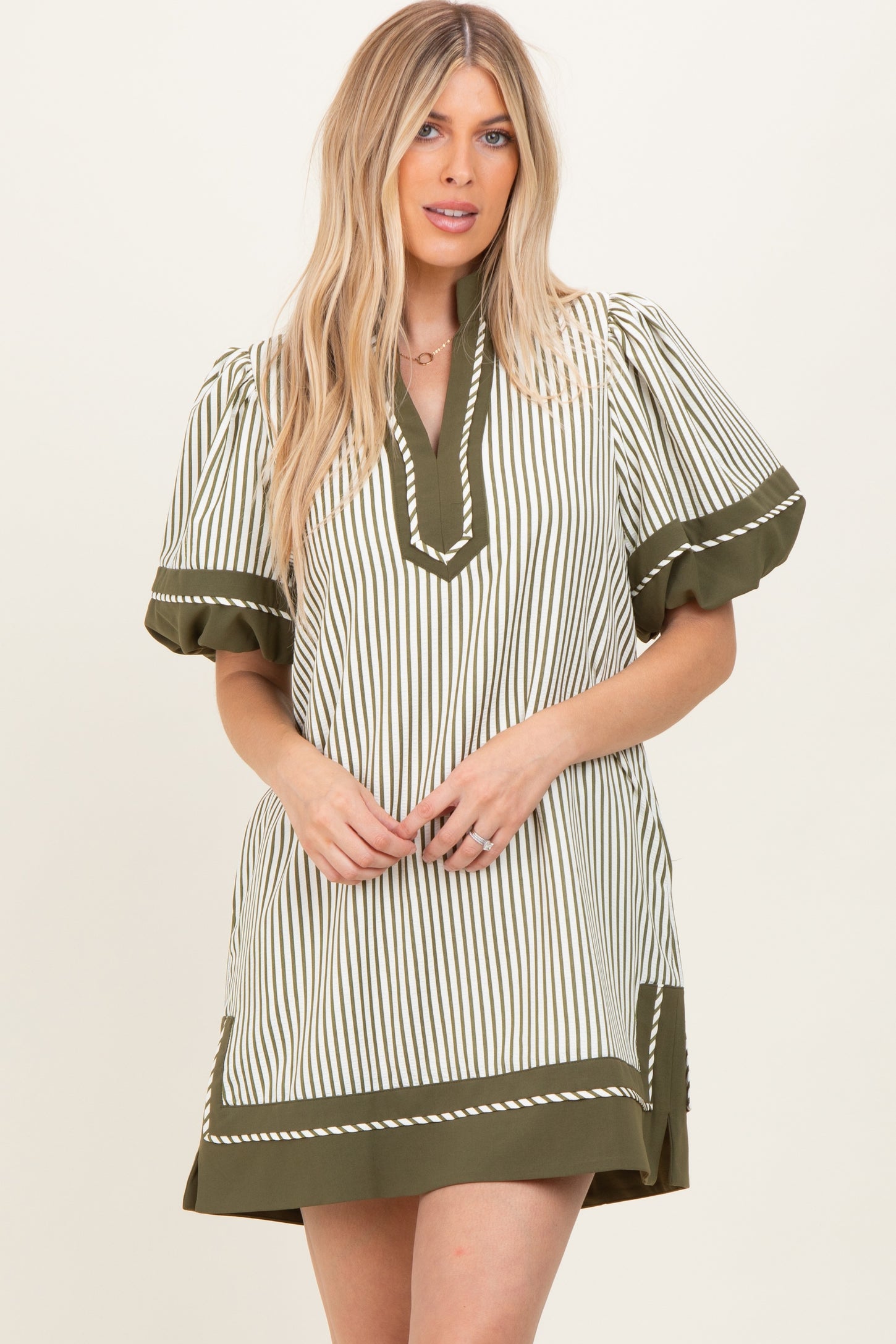 Olive Striped Contrast Border Maternity Mini Dress