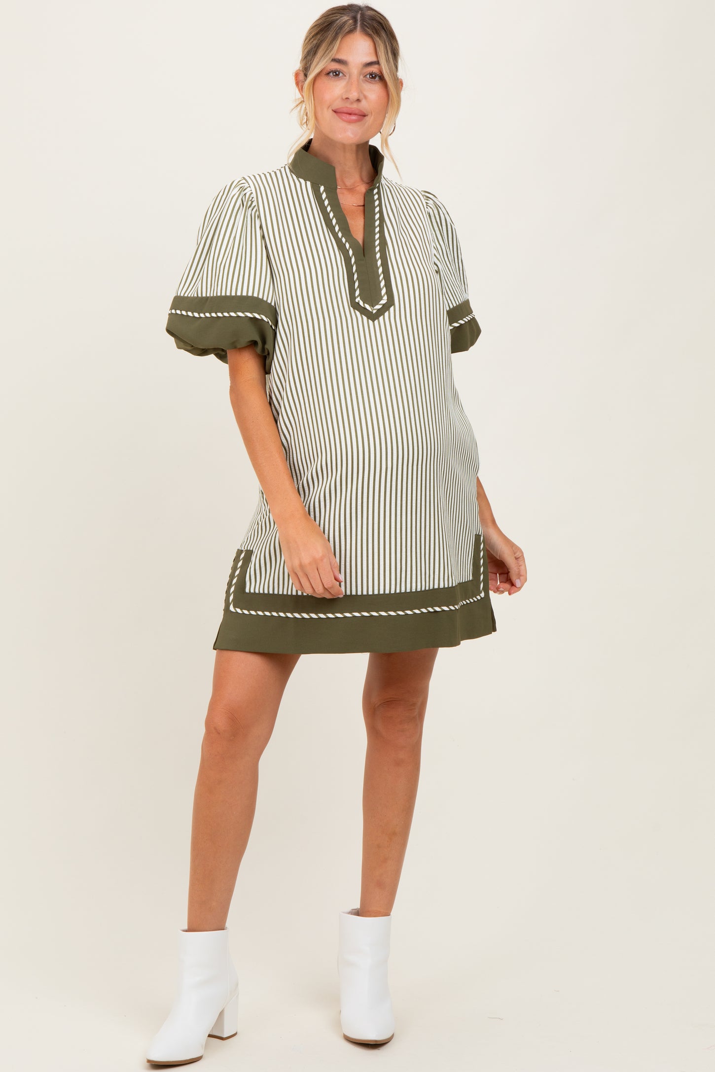 Olive Striped Contrast Border Maternity Mini Dress