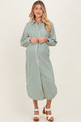 Forest Green Textured Stripe Button Down Maternity Shirt Dress