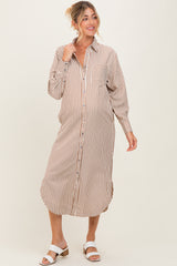Camel Textured Stripe Button Down Maternity Shirt Dress