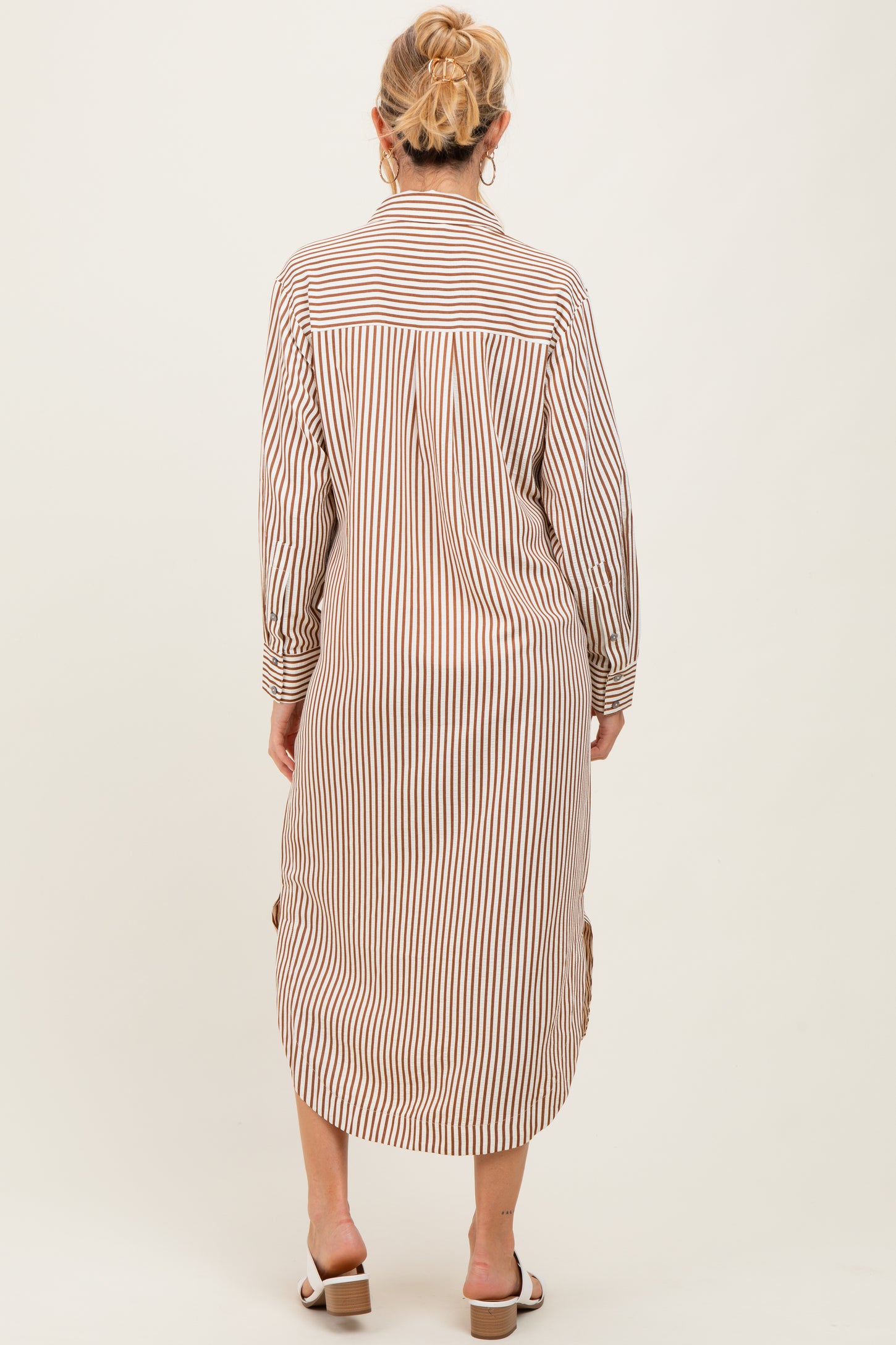 Camel Textured Stripe Button Down Maternity Shirt Dress