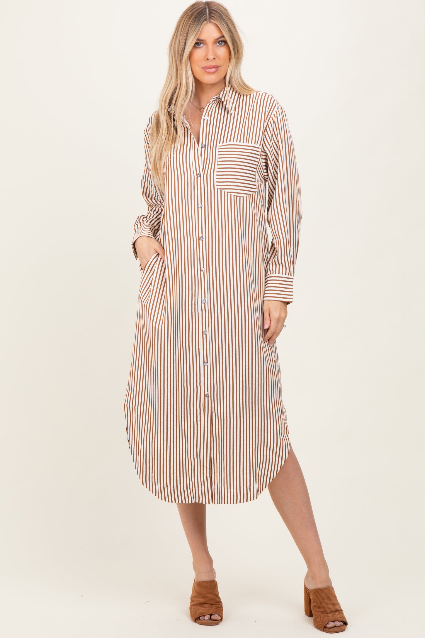 Camel Textured Stripe Button Down Maternity Shirt Dress