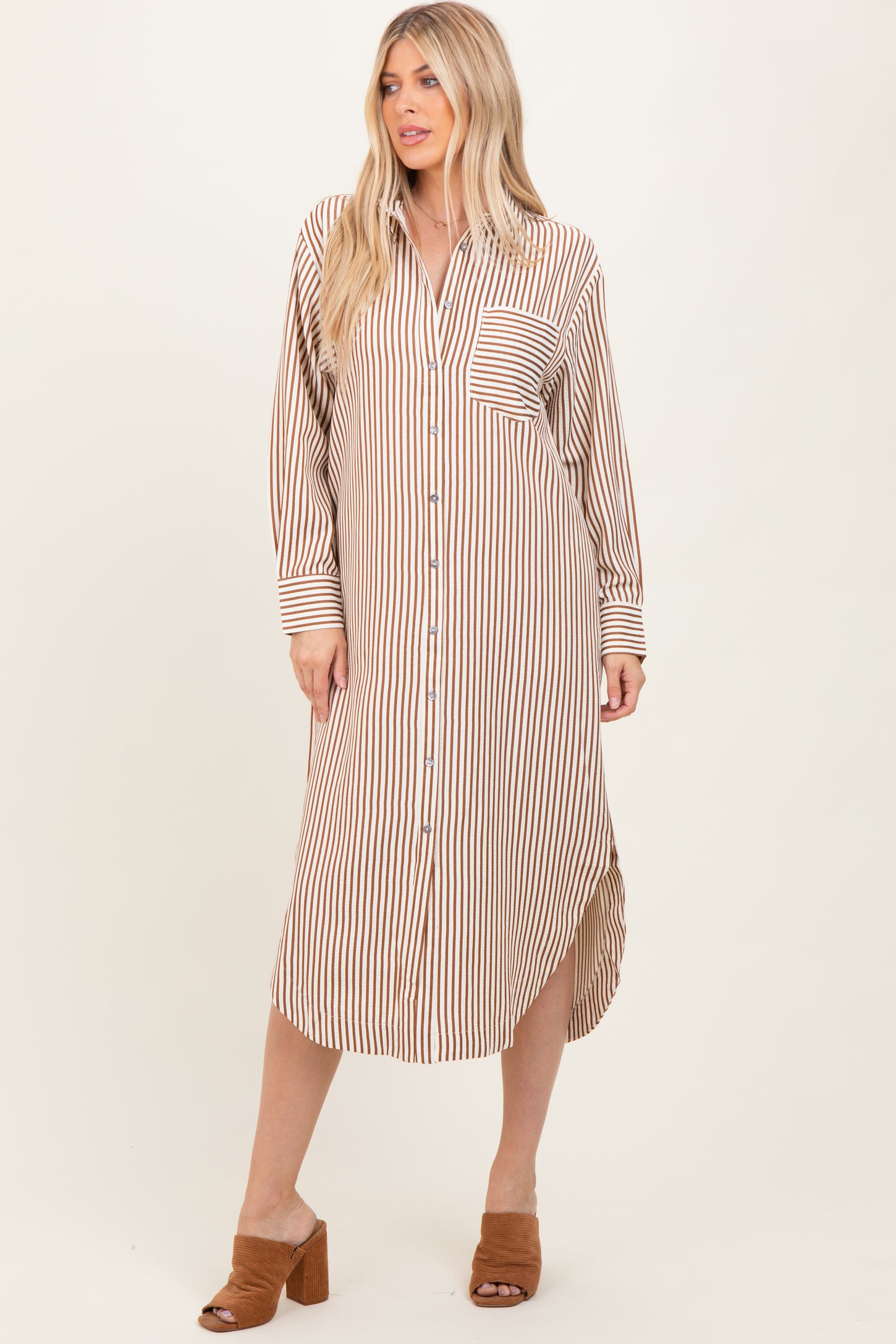 Camel Textured Stripe Button Down Shirt Dress