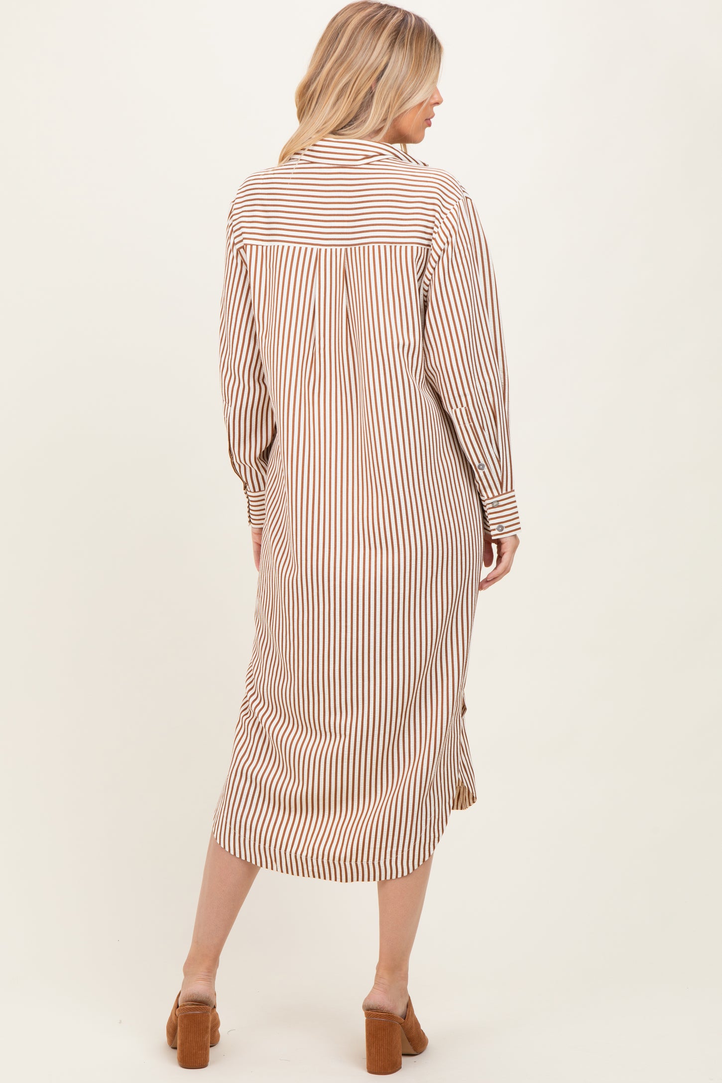 Camel Textured Stripe Button Down Shirt Dress