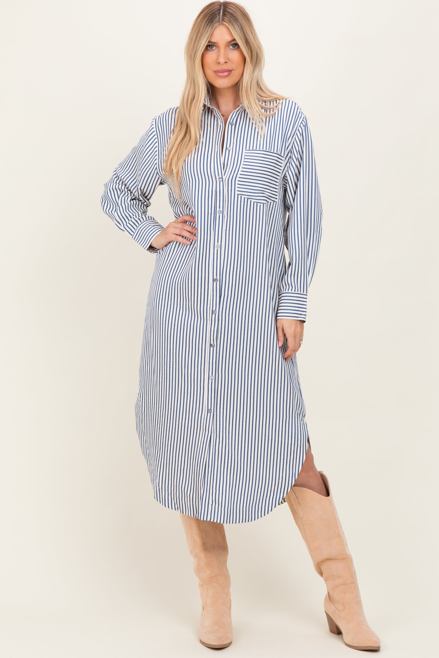 Navy Textured Stripe Button Down Maternity Shirt Dress