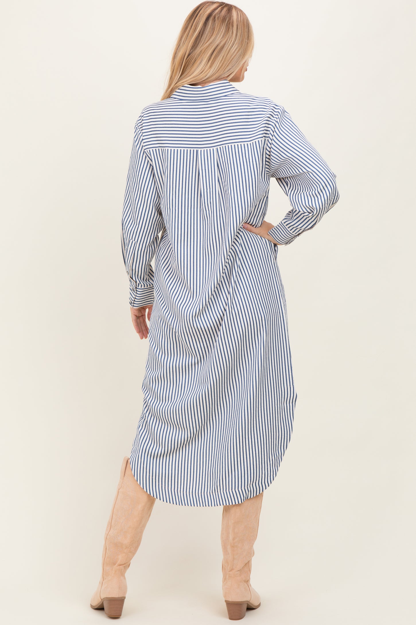 Navy Textured Stripe Button Down Shirt Dress