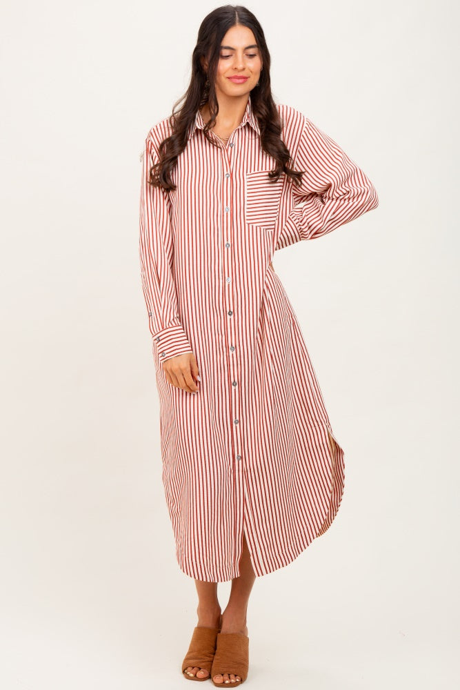 Rust Textured Stripe Button Down Shirt Dress