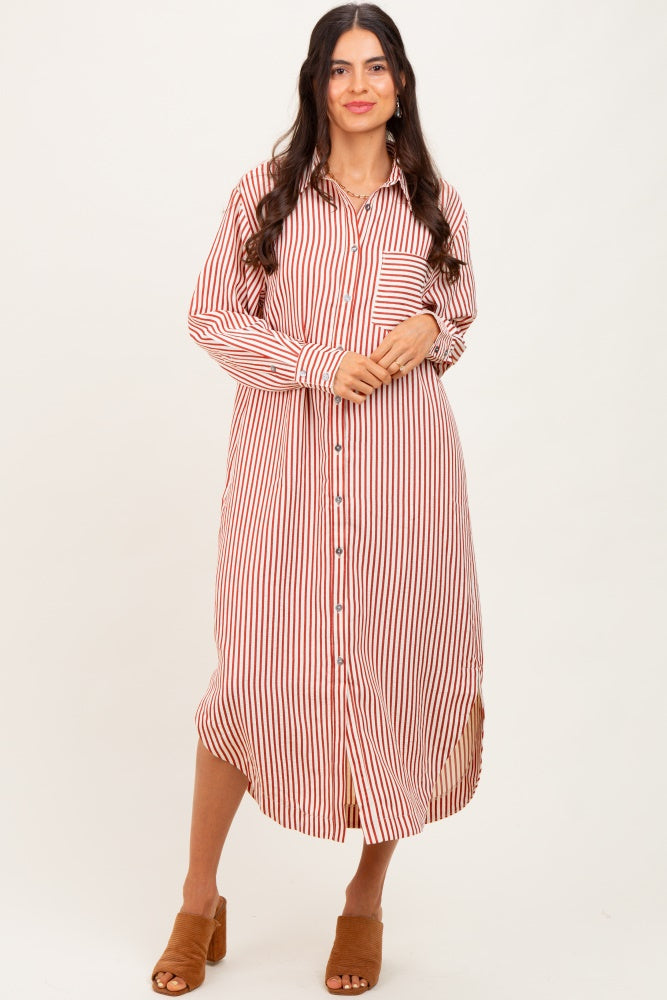 Rust Textured Stripe Button Down Shirt Dress