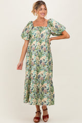 Multicolor Floral Puff Sleeve Bow Tie Detail Maternity Midi Dress