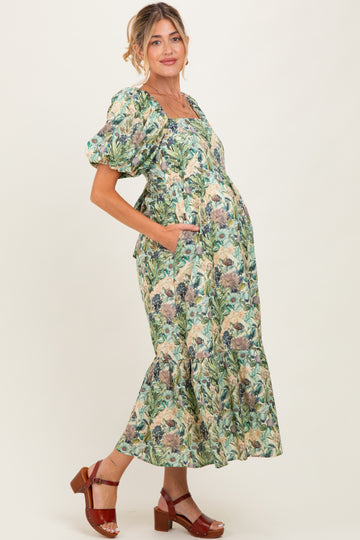 Multicolor Floral Puff Sleeve Bow Tie Detail Maternity Midi Dress