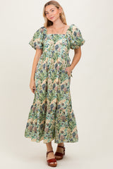 Multicolor Floral Puff Sleeve Bow Tie Detail Maternity Midi Dress