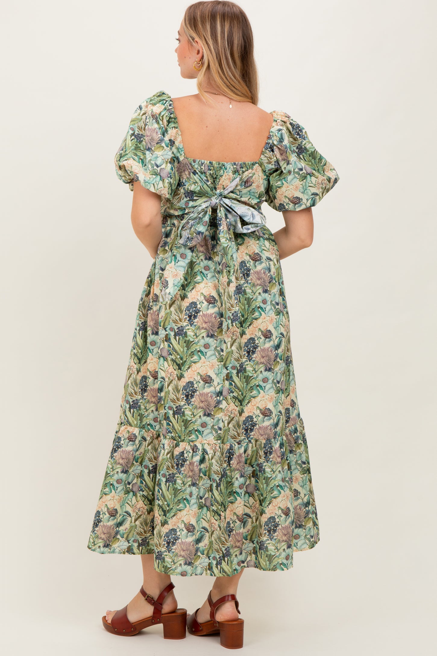 Multicolor Floral Puff Sleeve Bow Tie Detail Midi Dress