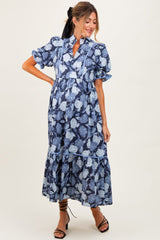 Navy Floral Split Button Collar Puff Sleeve Maternity Midi Dress