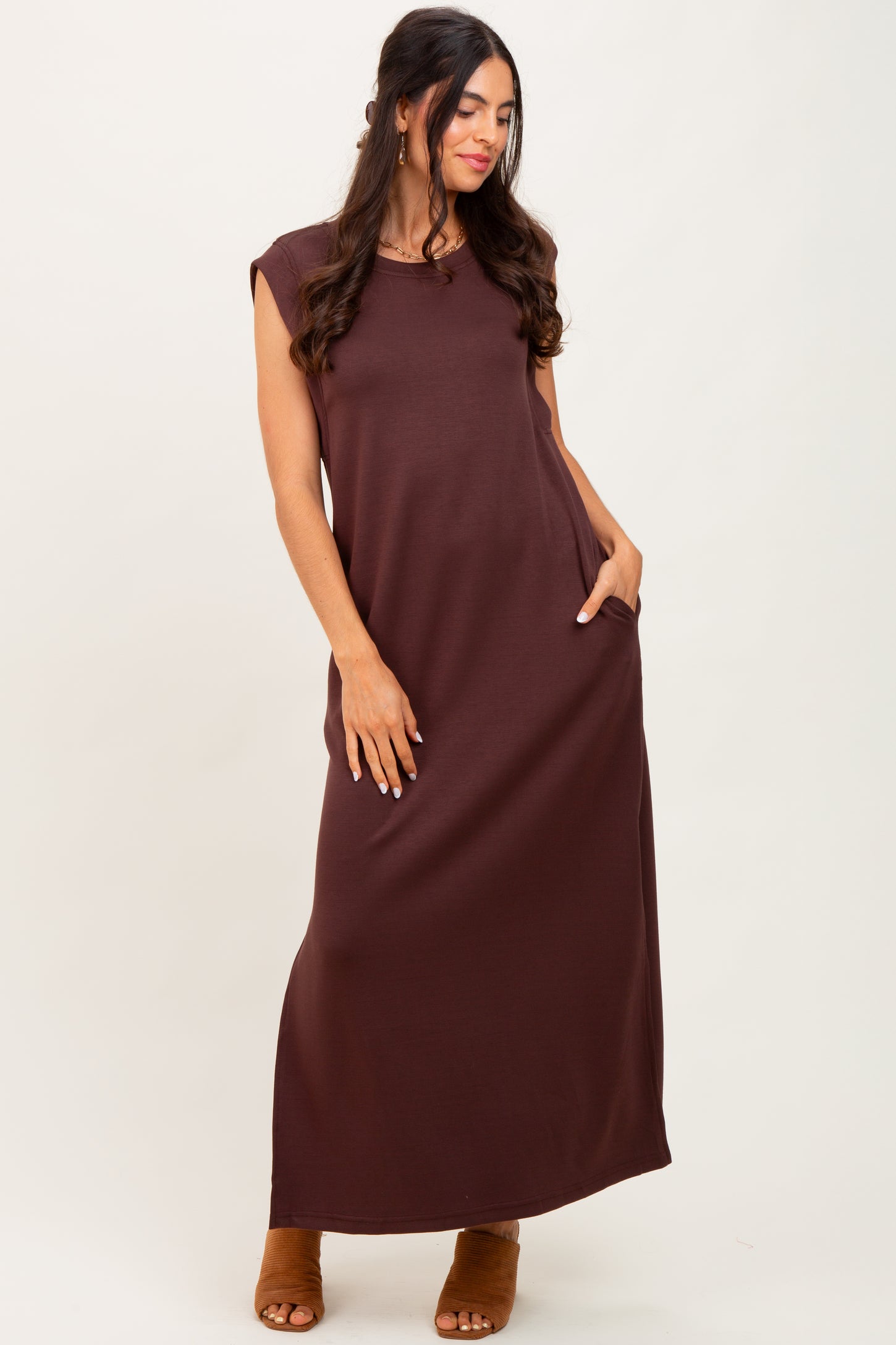 Brown Sleeveless Side Slit Midi Dress