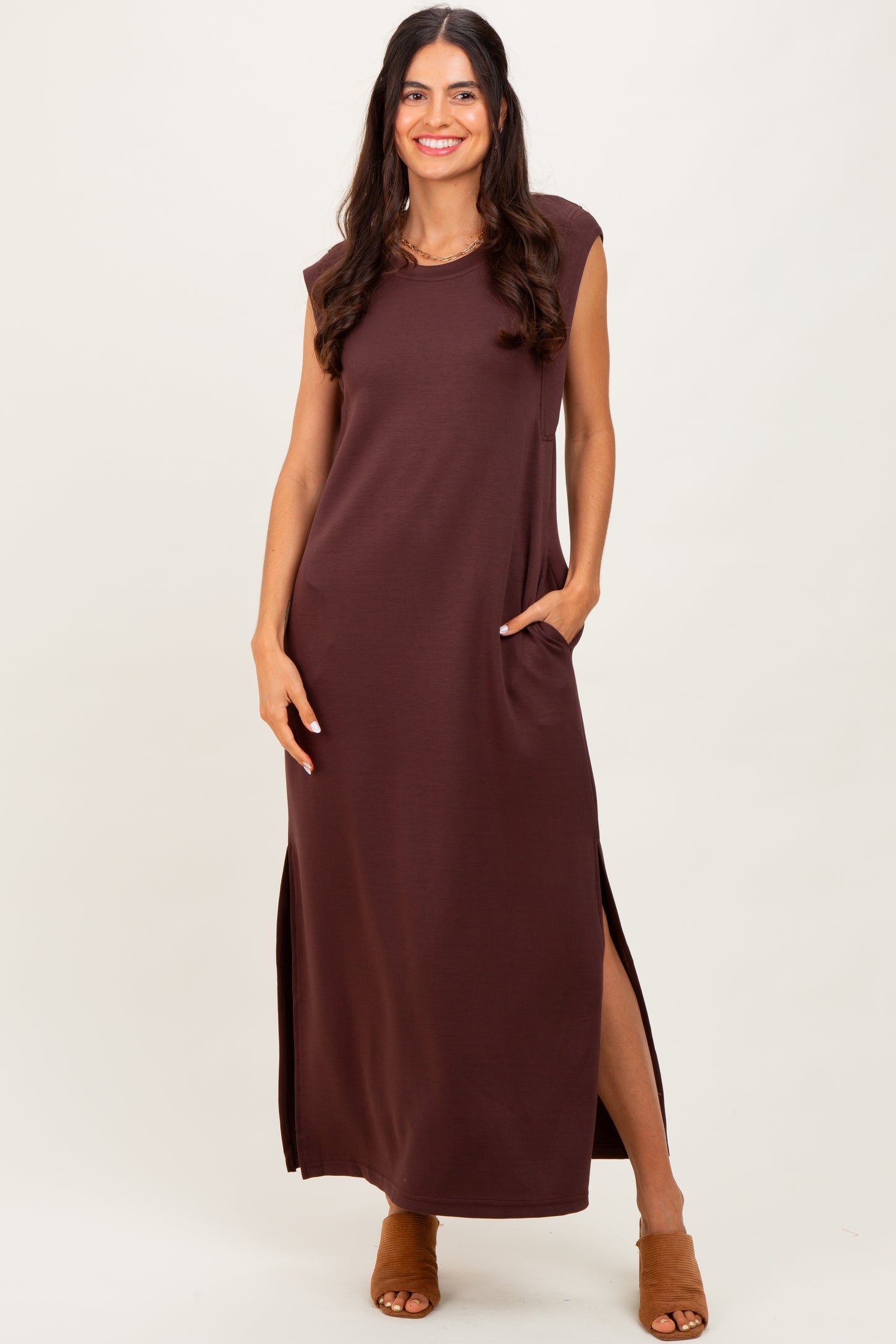 Brown Sleeveless Side Slit Midi Dress