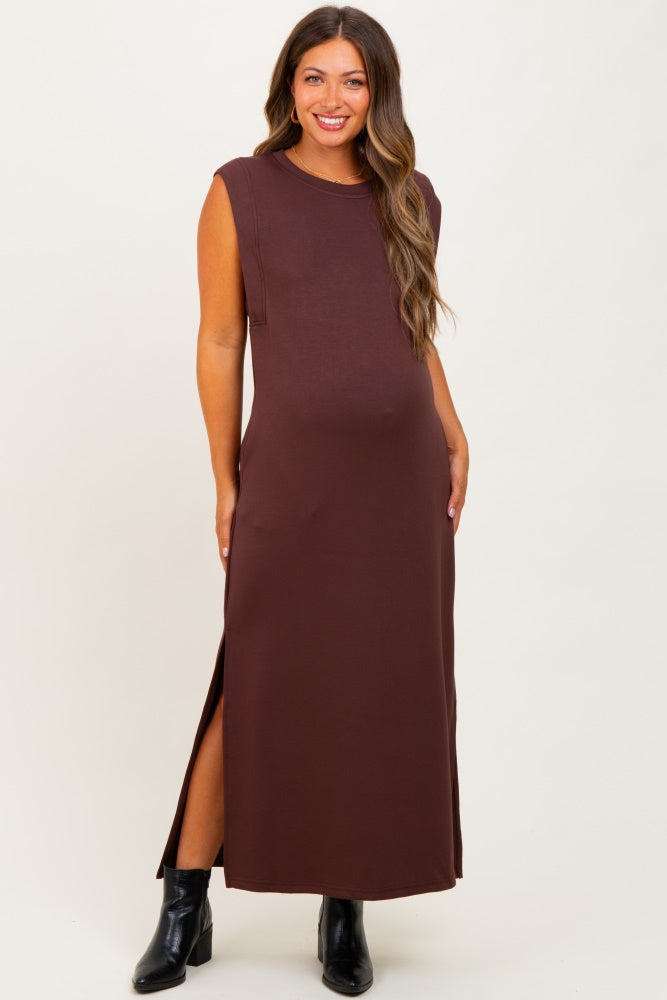 Brown Sleeveless Side Slit Maternity Midi Dress