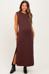 Brown Sleeveless Side Slit Maternity Midi Dress
