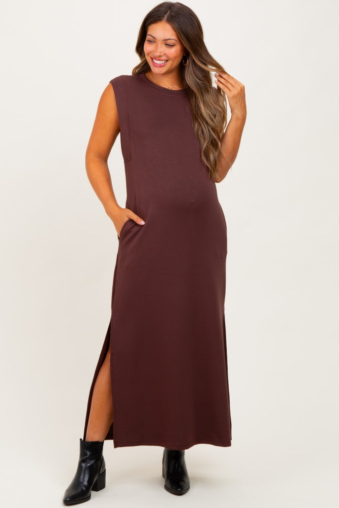 Brown Sleeveless Side Slit Maternity Midi Dress