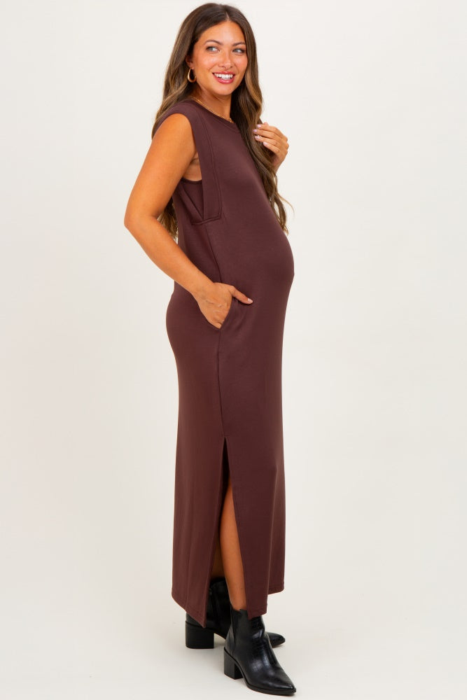 Brown Sleeveless Side Slit Maternity Midi Dress