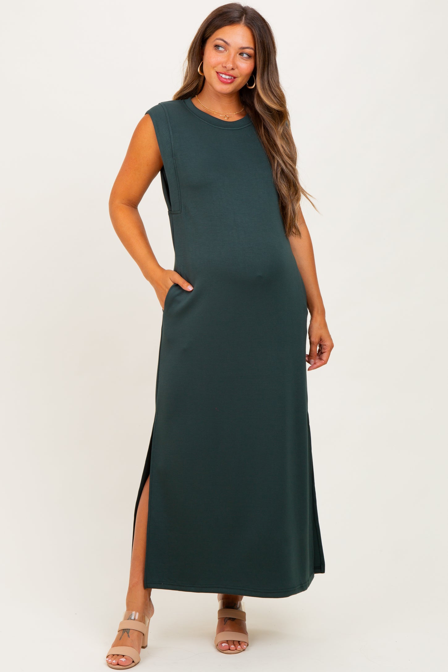 Forest Green Sleeveless Side Slit Maternity Midi Dress