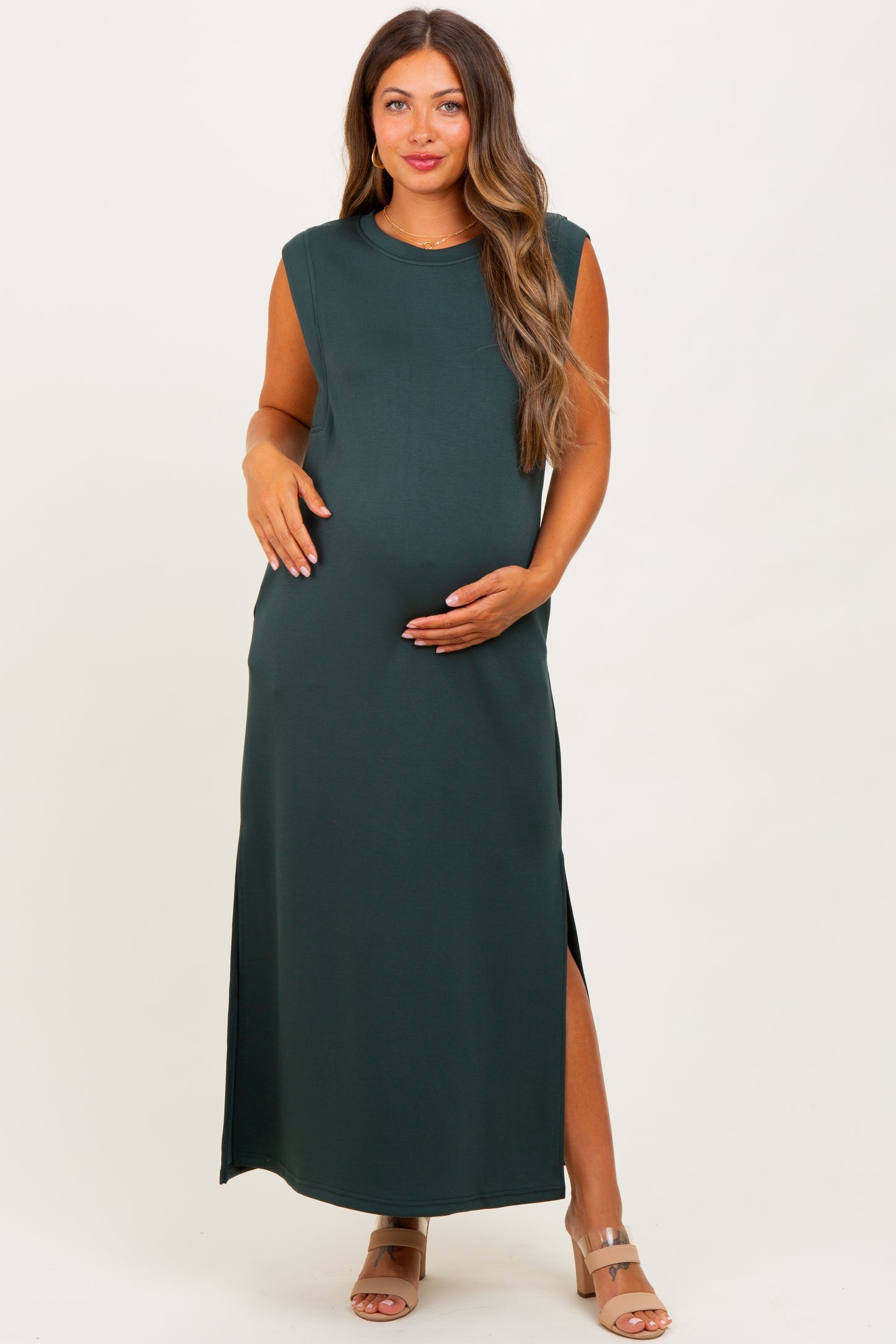 Forest Green Sleeveless Side Slit Maternity Midi Dress
