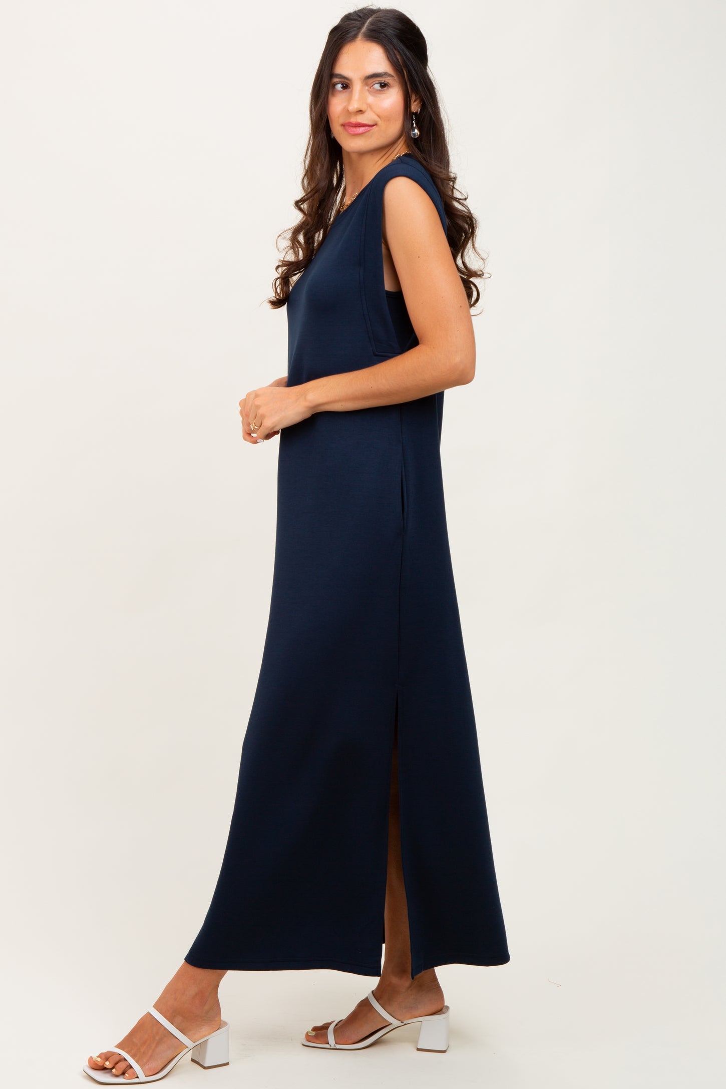 Navy Sleeveless Side Slit Midi Dress
