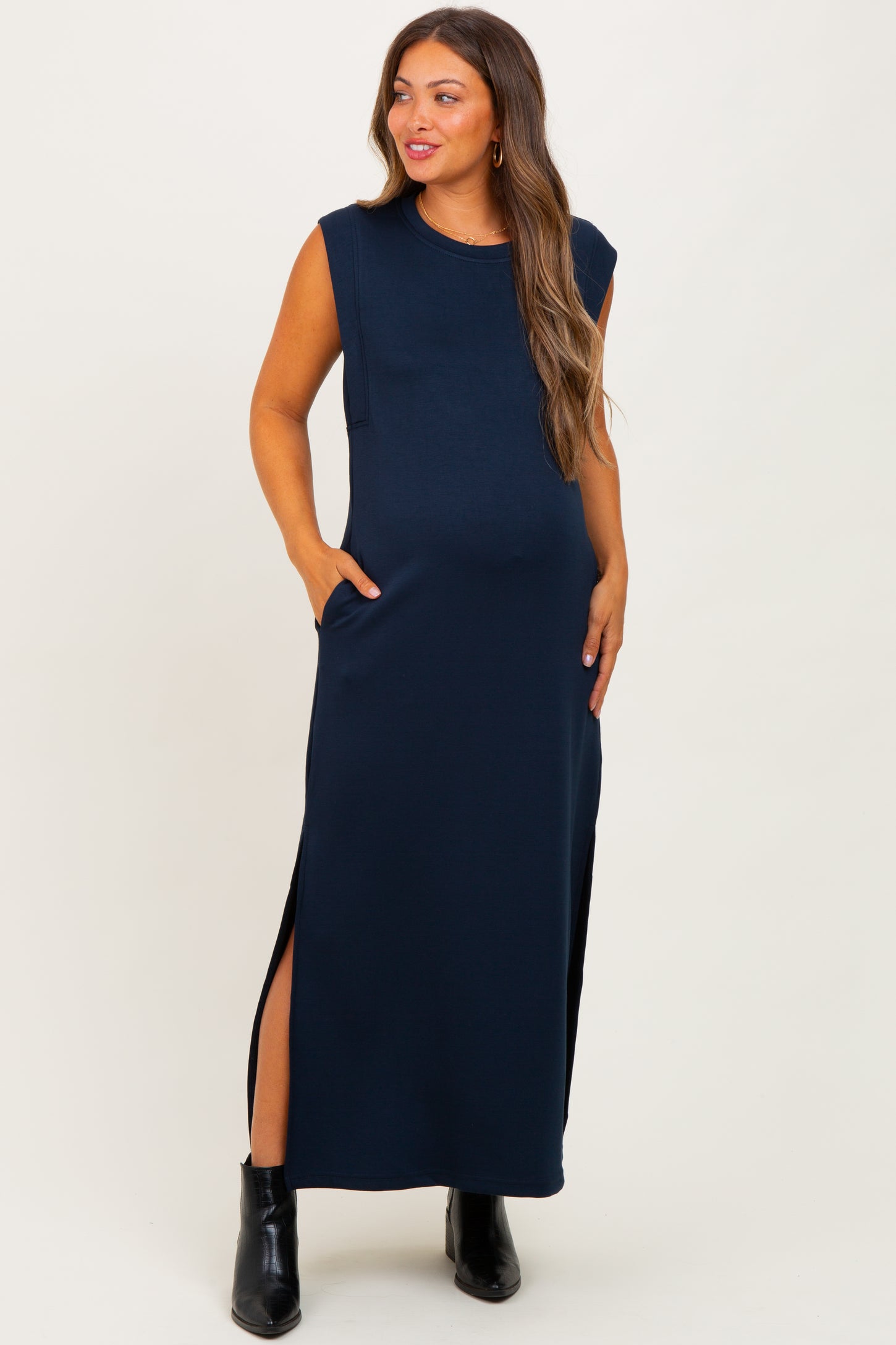 Navy Sleeveless Side Slit Maternity Midi Dress