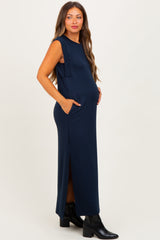 Navy Sleeveless Side Slit Maternity Midi Dress