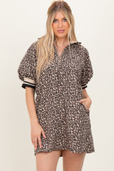 Taupe Animal Print Quarter Zip Puff Sleeve Mini Dress