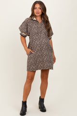 Taupe Animal Print Quarter Zip Puff Sleeve Maternity Mini Dress