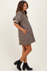 Taupe Animal Print Quarter Zip Puff Sleeve Maternity Mini Dress
