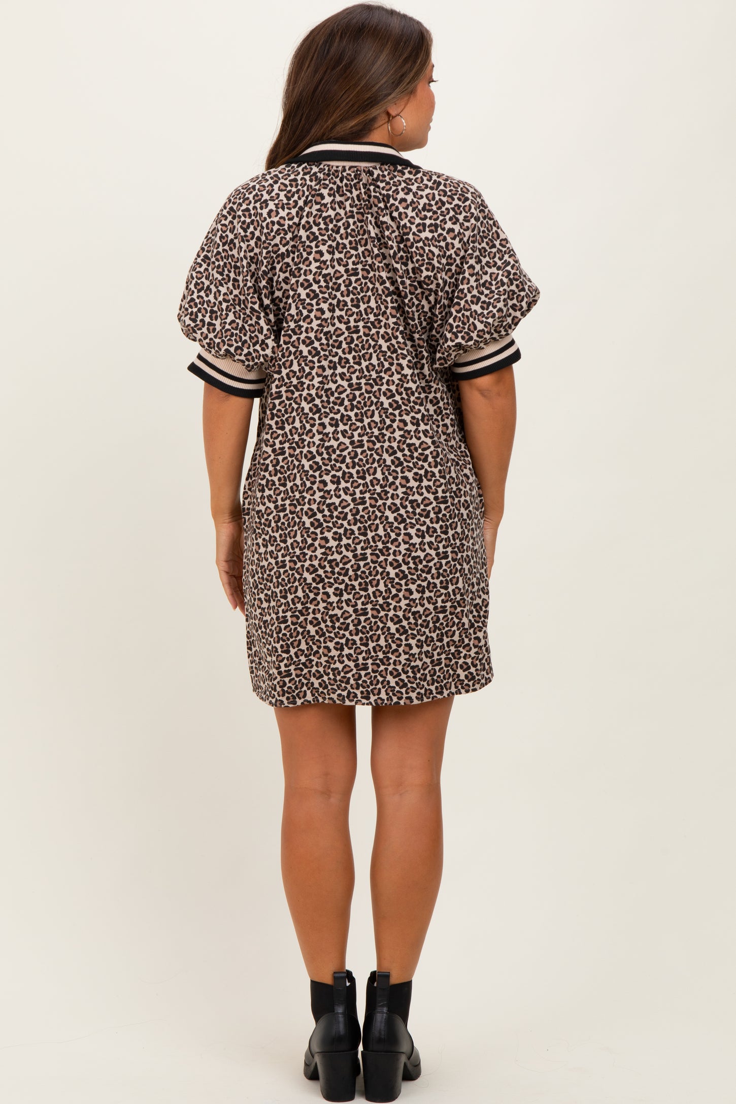 Taupe Animal Print Quarter Zip Puff Sleeve Maternity Mini Dress