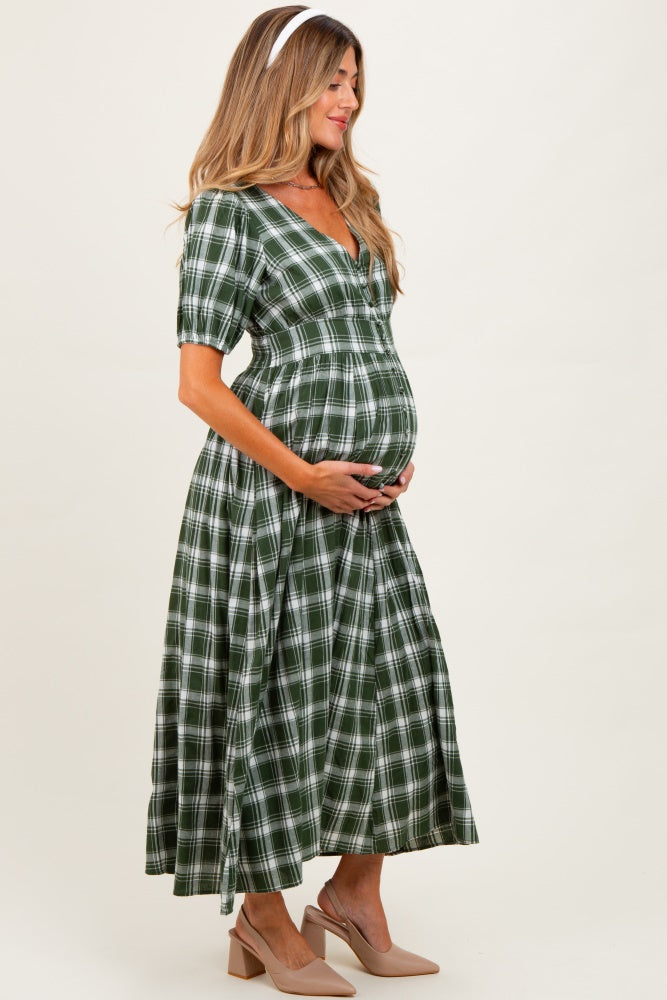 Forest Green Plaid Button Down Maternity Maxi Dress