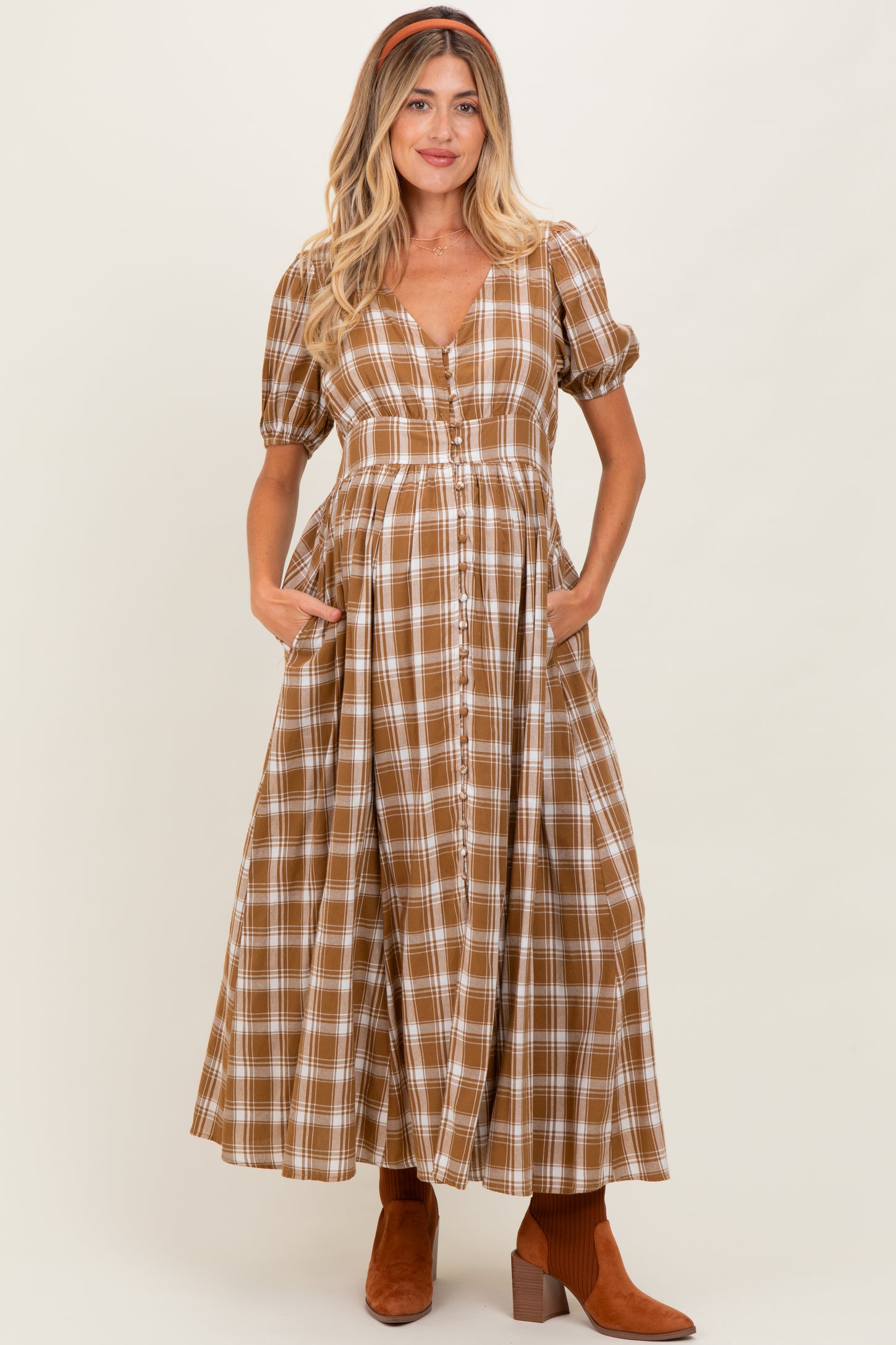Camel Plaid Button Down Maternity Maxi Dress