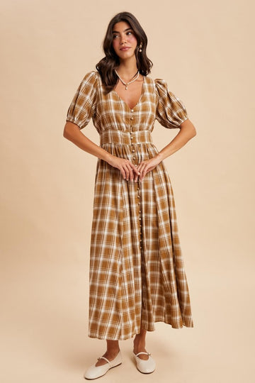 Camel Plaid Button Down Maxi Dress