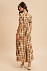 Camel Plaid Button Down Maxi Dress