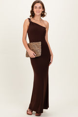 Brown Double Strap One Shoulder Maternity Maxi Dress