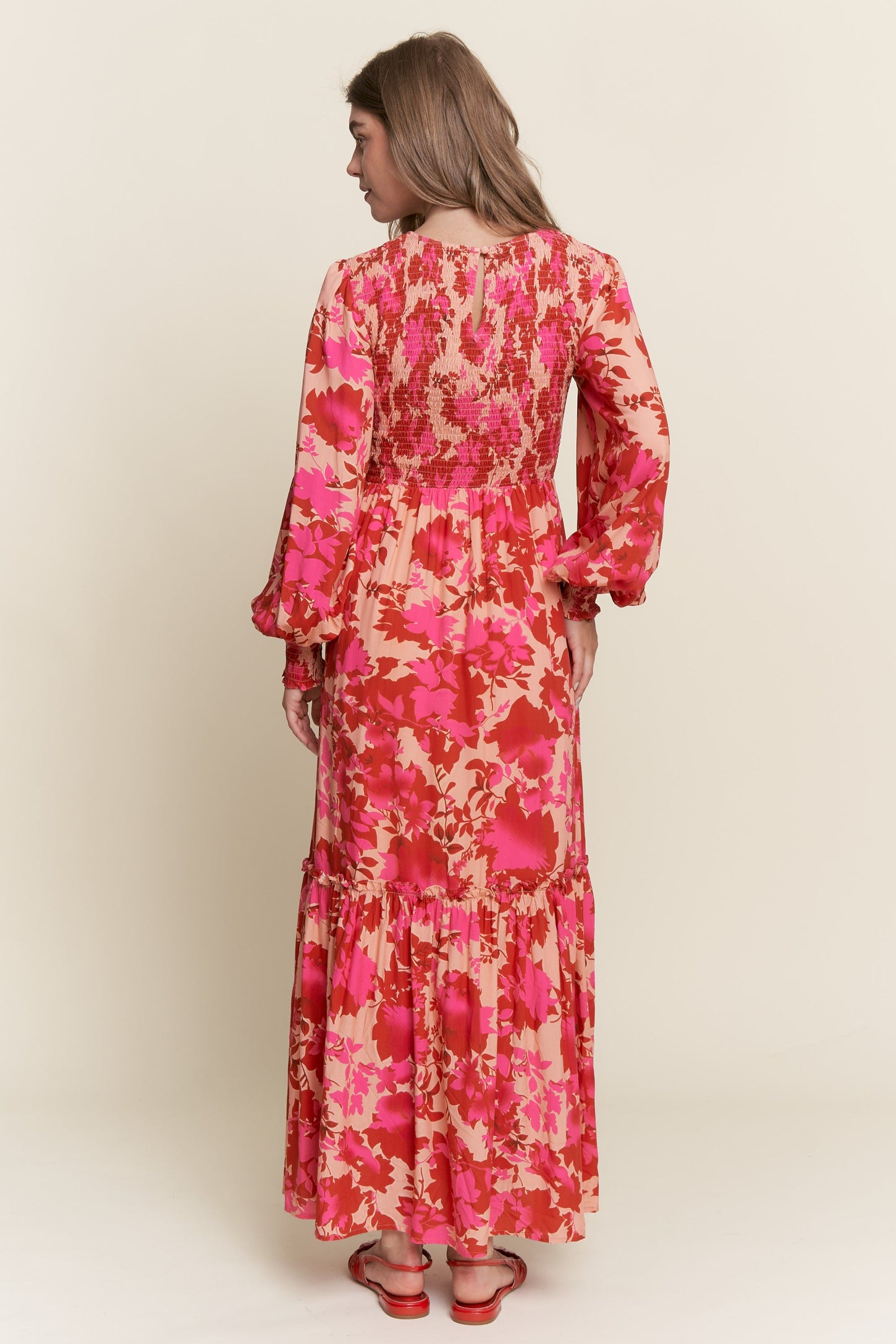 Red Floral Smocked Bodice Long Sleeve Maxi Dress