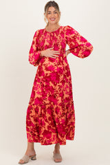 Red Floral Smocked Bodice Long Sleeve Maternity Maxi Dress