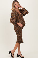 Brown Leopard Print Bodycon Maternity Midi Dress