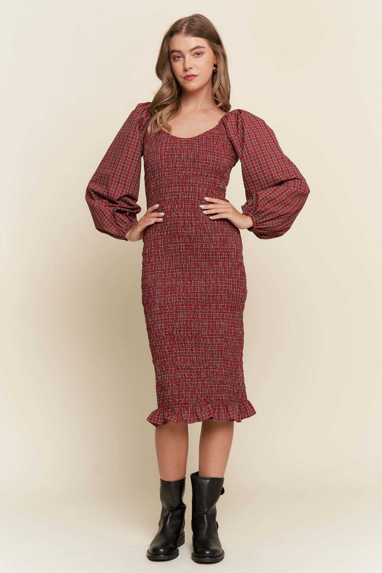 Burgundy Plaid Long Sleeve Bodycon Midi Dress