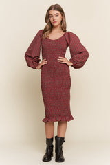 Burgundy Plaid Long Sleeve Bodycon Midi Dress