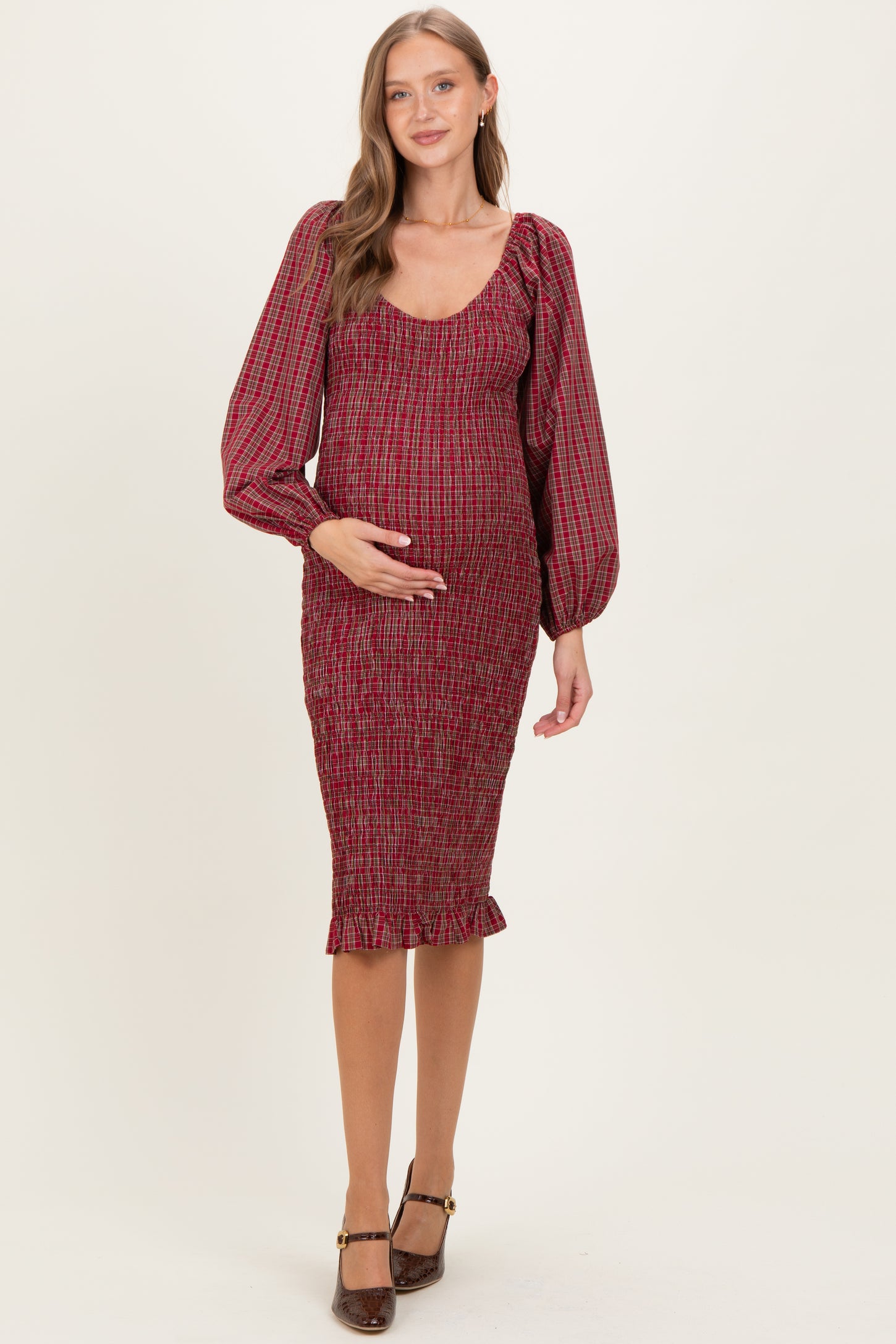 Burgundy Plaid Long Sleeve Bodycon Maternity Midi Dress