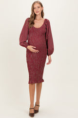 Burgundy Plaid Long Sleeve Bodycon Maternity Midi Dress